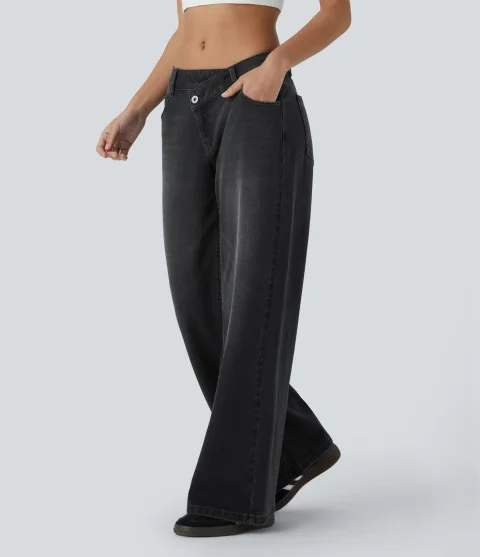 Women Halara Halara Flex Asymmetric Low Rise Zipper Pockets Baggy Wide Leg Washed Casual Jeans