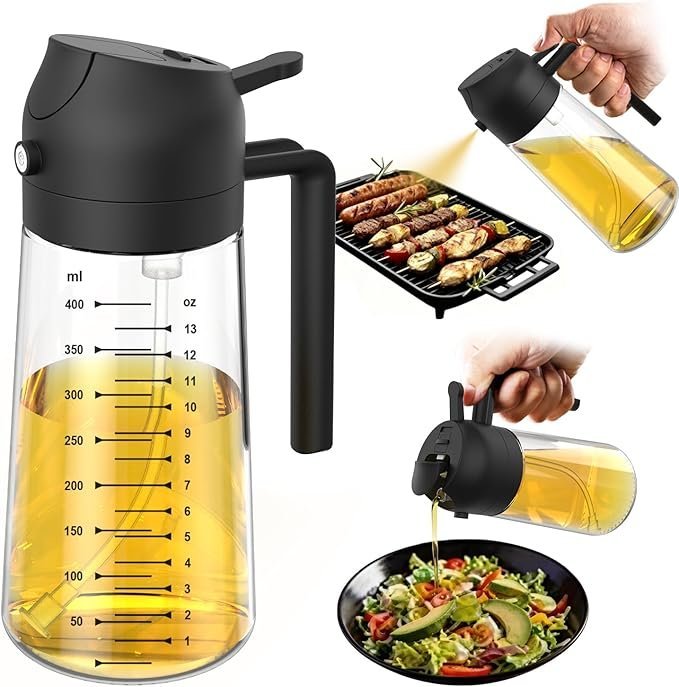TrendPlain Glass Olive Oil Sprayer 16oz | 2 in 1 Olive Oil Dispenser Bottle for Air Fryer Cooking and Salad Dressing