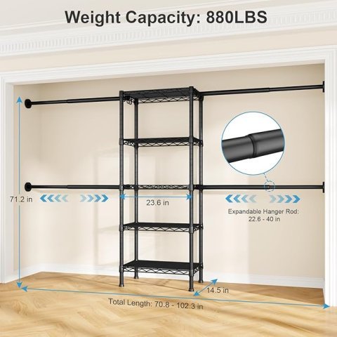 Ulif M2 Wall Mounted Closet System | Expandable Clothes Rack Organizer with 4 Hanging Rods and 5 Storage Shelves