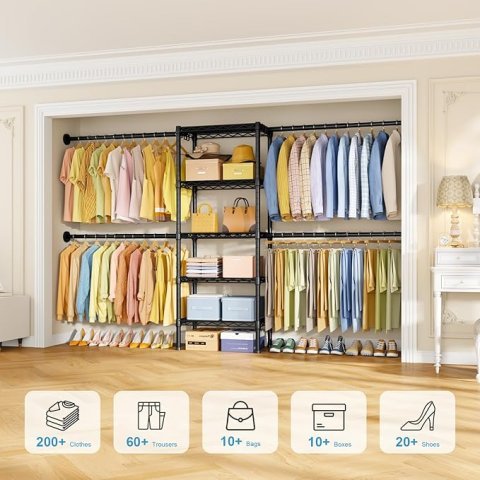 Ulif M2 Wall Mounted Closet System | Expandable Clothes Rack Organizer with 4 Hanging Rods and 5 Storage Shelves