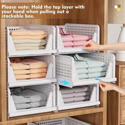 SNSLXH 5 Pack Stackable Closet Storage Baskets | Foldable Space Saving Closet Organizer for Clothes and Home Storage