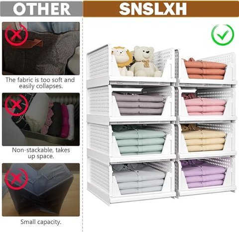 SNSLXH 5 Pack Stackable Closet Storage Baskets | Foldable Space Saving Closet Organizer for Clothes and Home Storage
