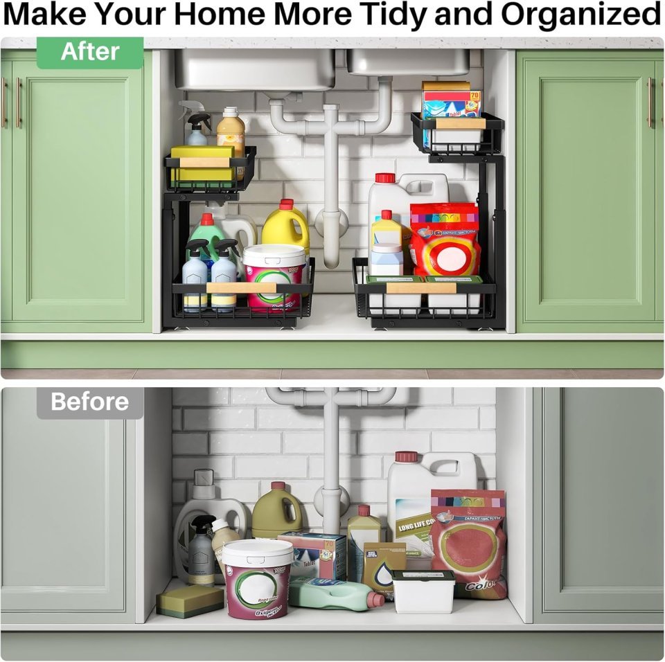 Kitstorack Under Sink Organizer 2 Pack | 2 Tier Sliding Cabinet Storage Shelves for Kitchen and Bathroom Organization
