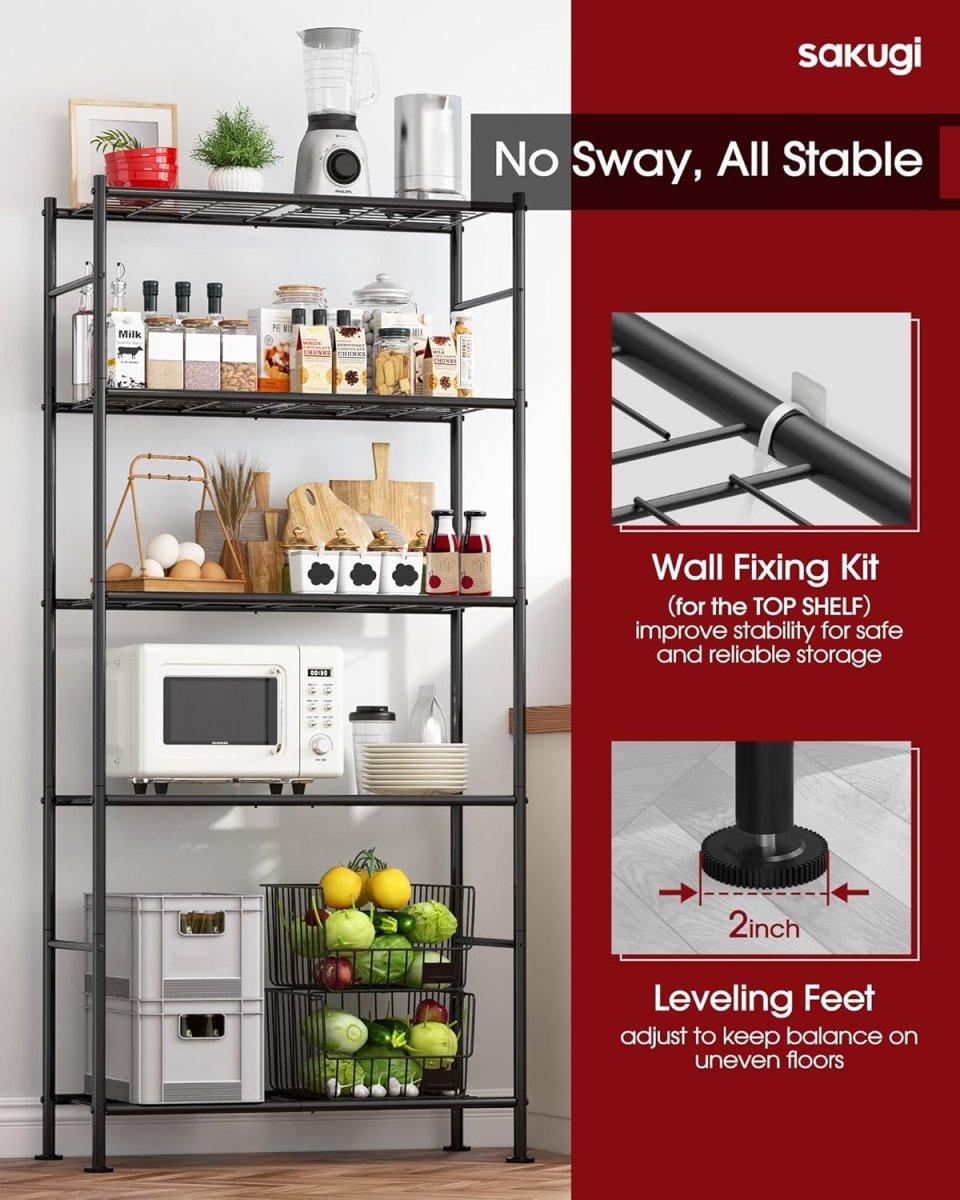 Sakugi 5 Tier Heavy Duty Storage Shelves | Metal Garage Shelving Unit for Pantry Kitchen Closet and Home Organization