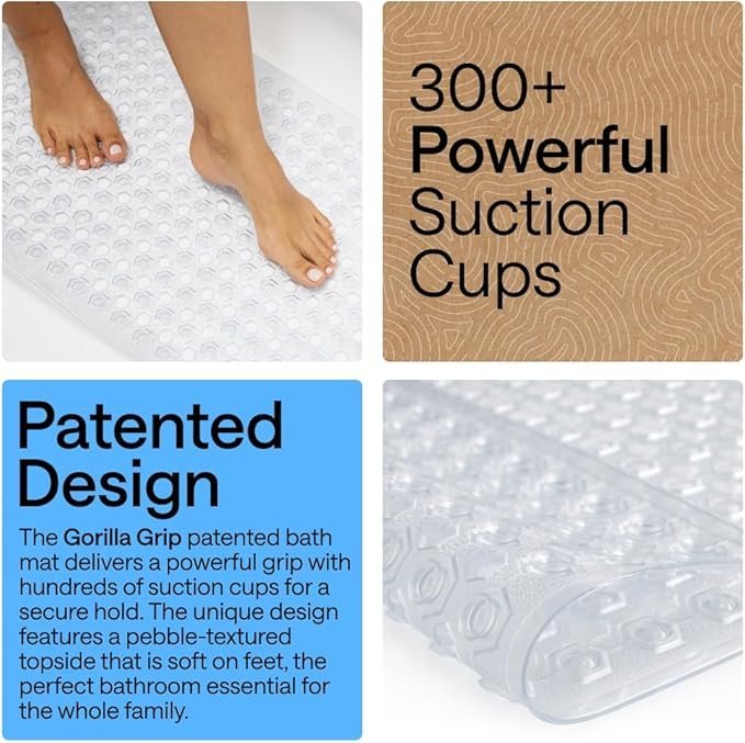 GORILLA GRIP Bath Tub Shower Mat 35x16 Inch | Non Slip Bathtub Mat with Suction Cups and Drain Holes