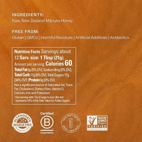 Manukora Raw Manuka Honey MGO 50+ — 250g, New Zealand, Non-GMO, Glyphosate Residue Free, 3rd-Party Tested, Traceable Hive-to-Hand, Daily Immune & Gut Wellness
