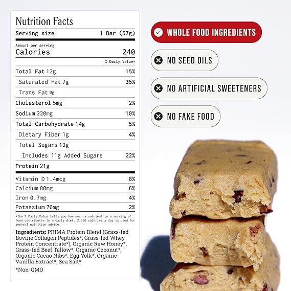 Buy PRIMA Cookie Dough Protein Bar | Grass Fed Whey Protein Bar with Collagen for Healthy Snacking